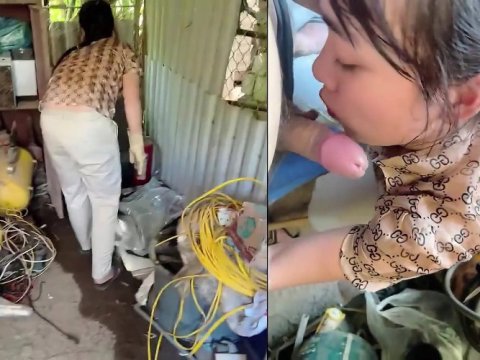Thuê chị lao công dọn nhà kho mà nứng quá cởi quần đòi chị bú luôn